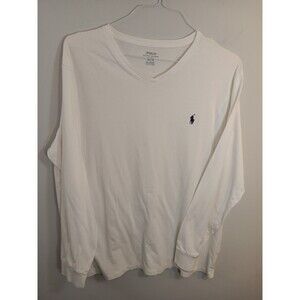 Polo Ralph Lauren Shirt Mens Xl White V-Neck T-Shirt Blue Pony Long Sleeve